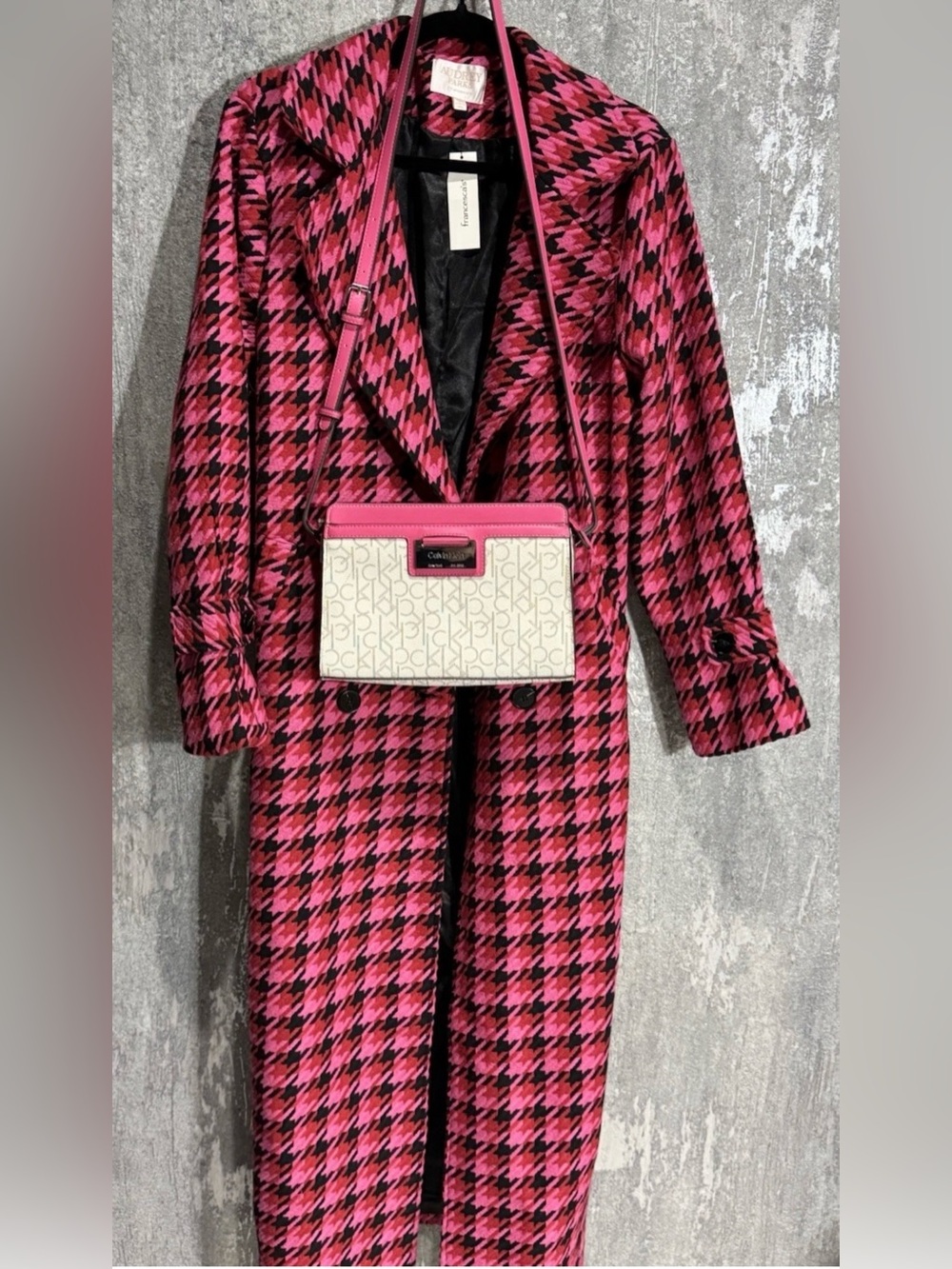 NWT Francesca’s Pink Houndstooth Coat L & Calvin Klein Bag VG+ Bundle